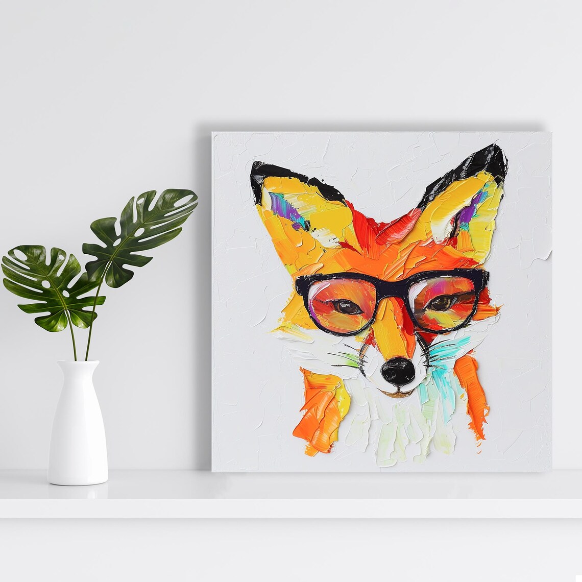 Hipster Fox Wearing Black Glasses Bright Impasto Palette Knife Colorful Poster - Image 2