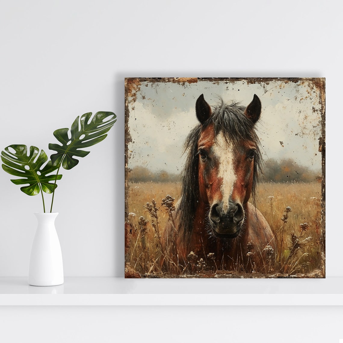 Brown Horse Field Portrait Vintage Distressed Frame Rustic Art Poster - Image 2