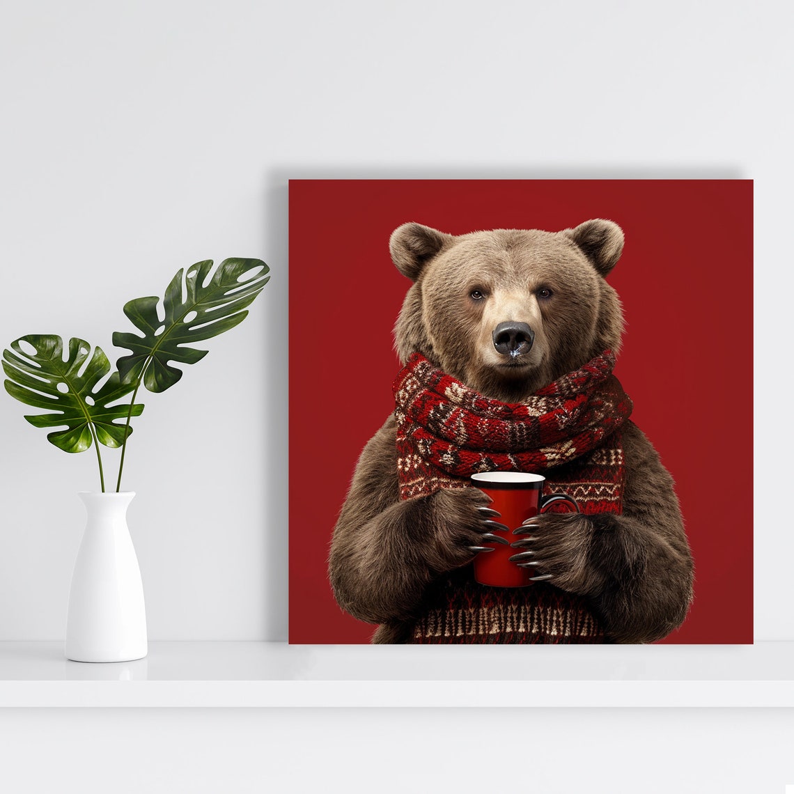 Cozy Brown Bear With Coffee Mug Red Sweater Holiday Kitchen Poster - Image 2