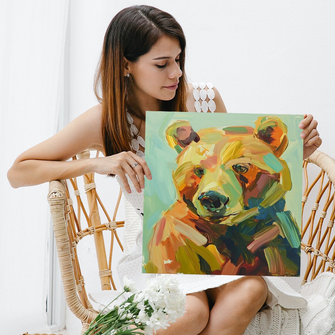 Abstract Bear Colorful Brushstroke Teal Yellow Orange Modern Art Poster - Image 3