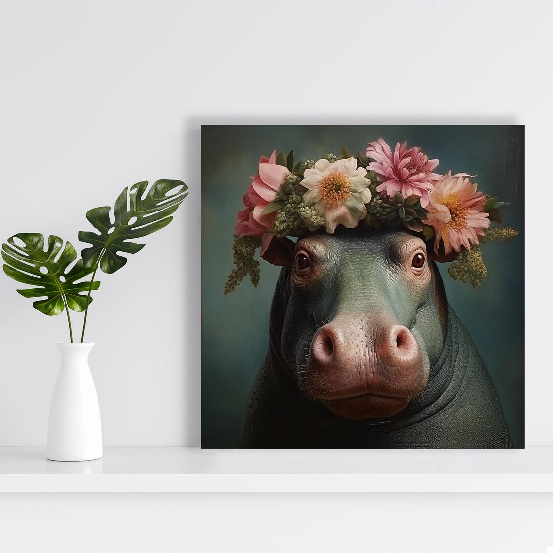 Cute Hippo Flower Crown Portrait Whimsical Nursery Wall Art Poster - Image 2