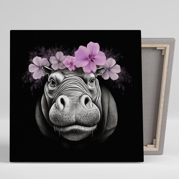 Hippopotamus Flower Crown Grayscale Portrait Purple Blooms Wall Poster