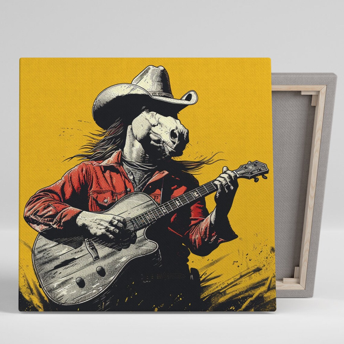 Horse Cowboy Playing Guitar Yellow Vintage Western Music Wall Poster