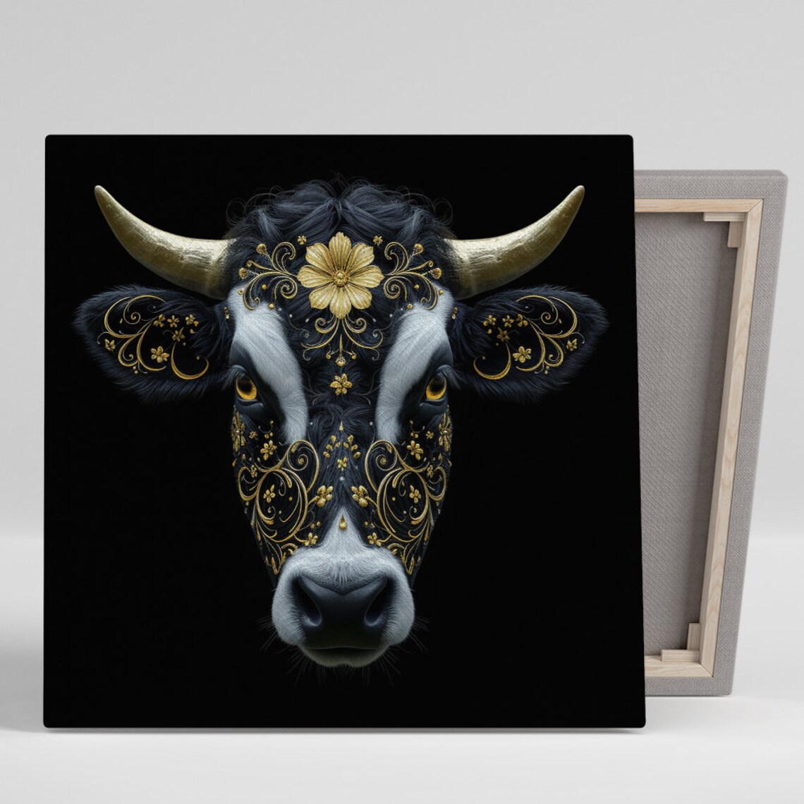 Golden Cow Glam Portrait Gold Horns Floral Black Luxury Animal Poster