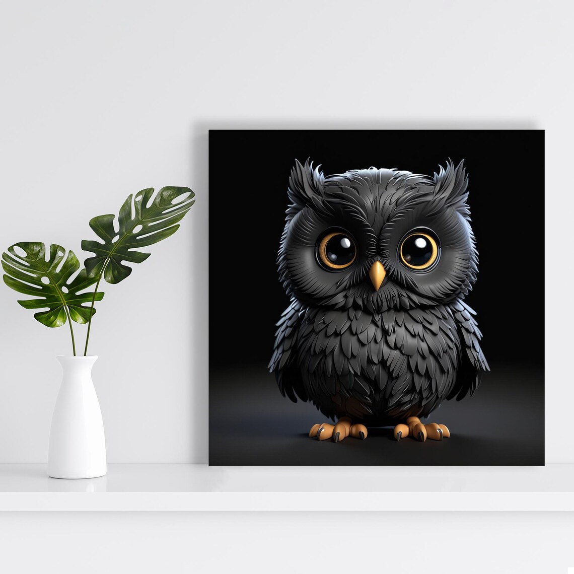 Cute Black Baby Owl Big Amber Eyes Night Minimalist Bird Wall Poster - Image 2