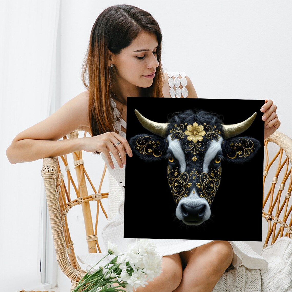 Golden Cow Glam Portrait Gold Horns Floral Black Luxury Animal Poster - Image 3