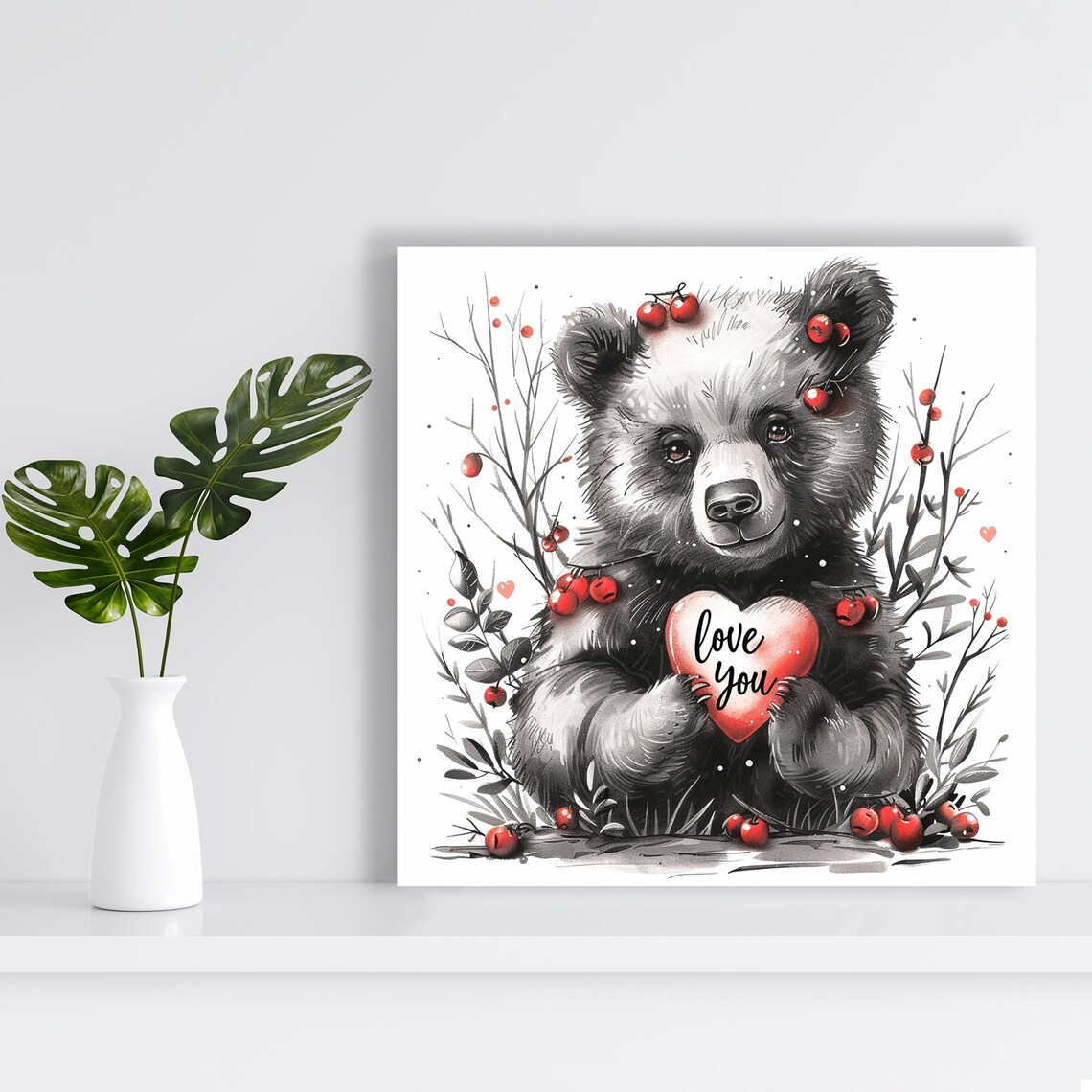 Baby Bear Holding Love You Heart Red Berries Sweet Nursery Poster - Image 2