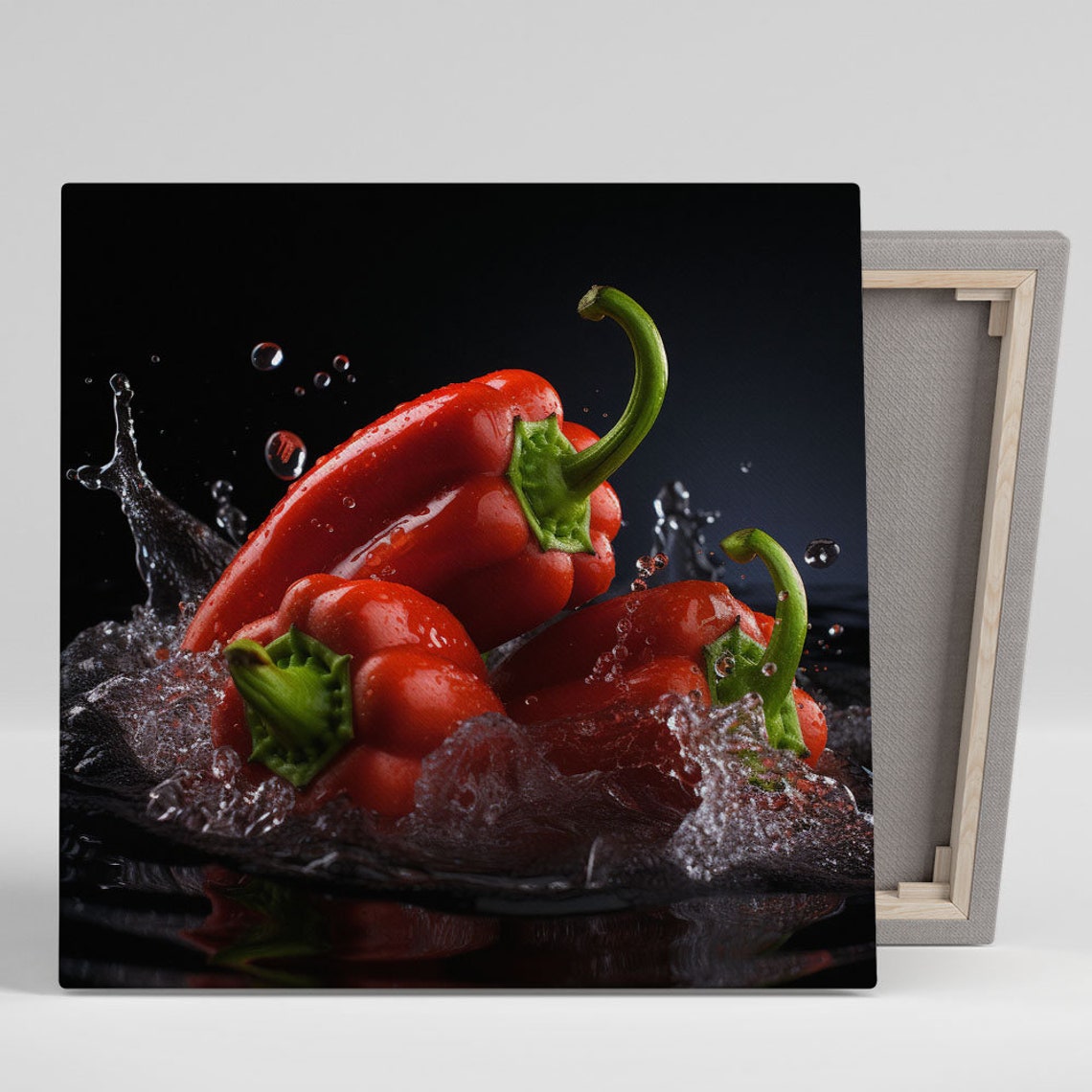 Red Bell Peppers Water Splash Dramatic Black Kitchen Food Poster