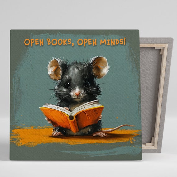 Bookworm Mouse Art Or Poster Whimsical Contemporary Decor Childrens Room Library Office Living Room Art Black Orange Grey White