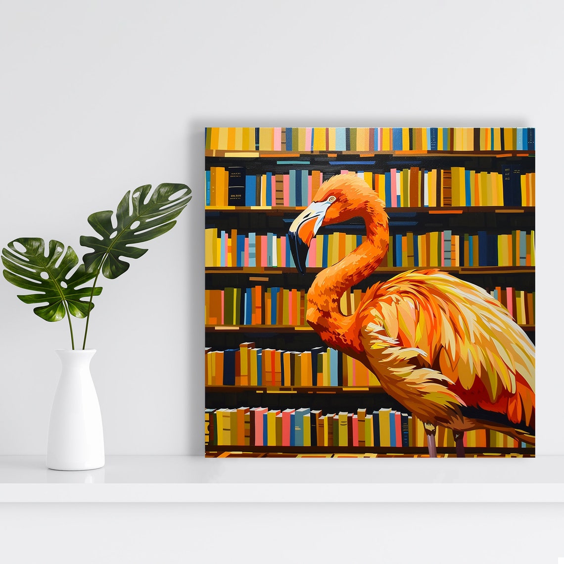 Flamingo In Library Colorful Bookshelf Background Whimsical Poster - Image 2