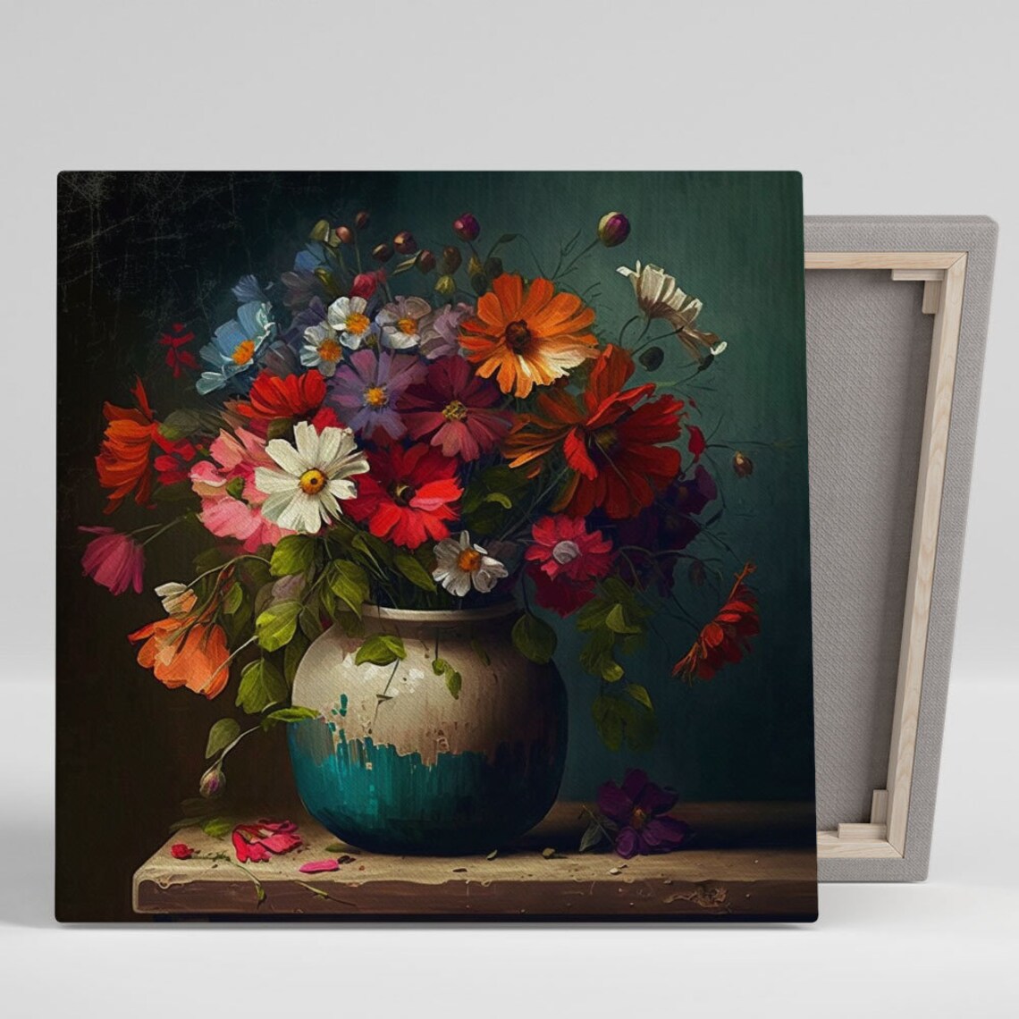 Red Cosmos Wildflower Bouquet Teal Dipped Ceramic Vase Floral Poster