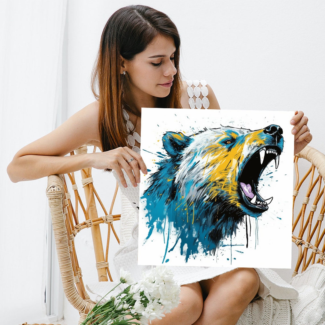Roaring Bear Street Art Blue Yellow Paint Splash Bold Animal Poster - Image 3