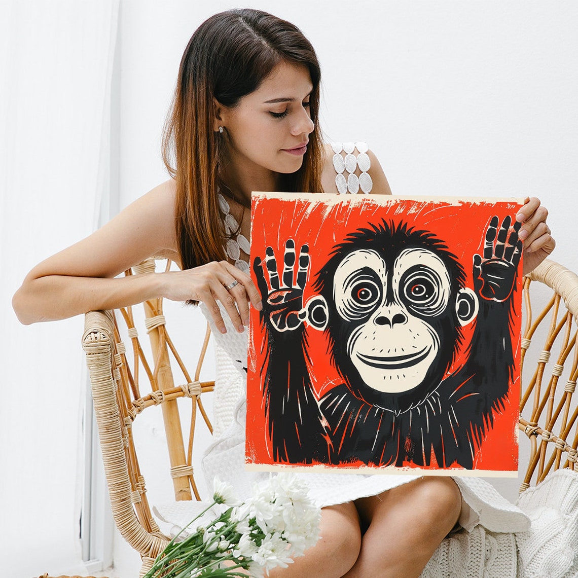 Retro Pop Chimp Pressed Glass Hands Bold Red Street Art Poster - Image 3