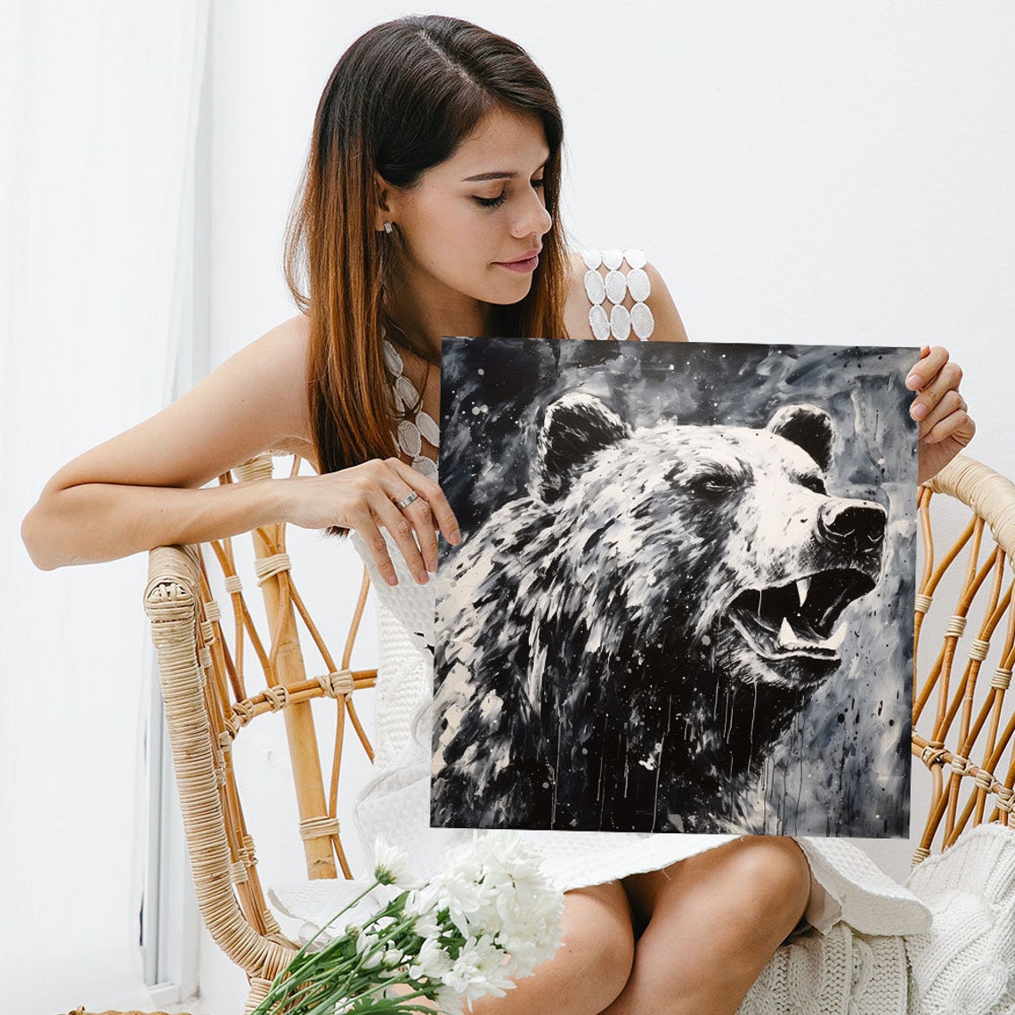 Black And White Roaring Bear Side Profile Splash Ink Wildlife Poster - Image 3