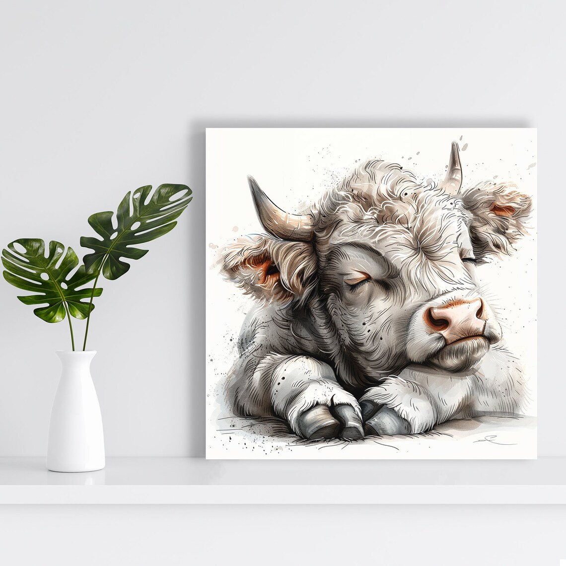 Sleeping Fluffy Highland Cow Watercolor Cozy Farm Wall Poster - Image 2