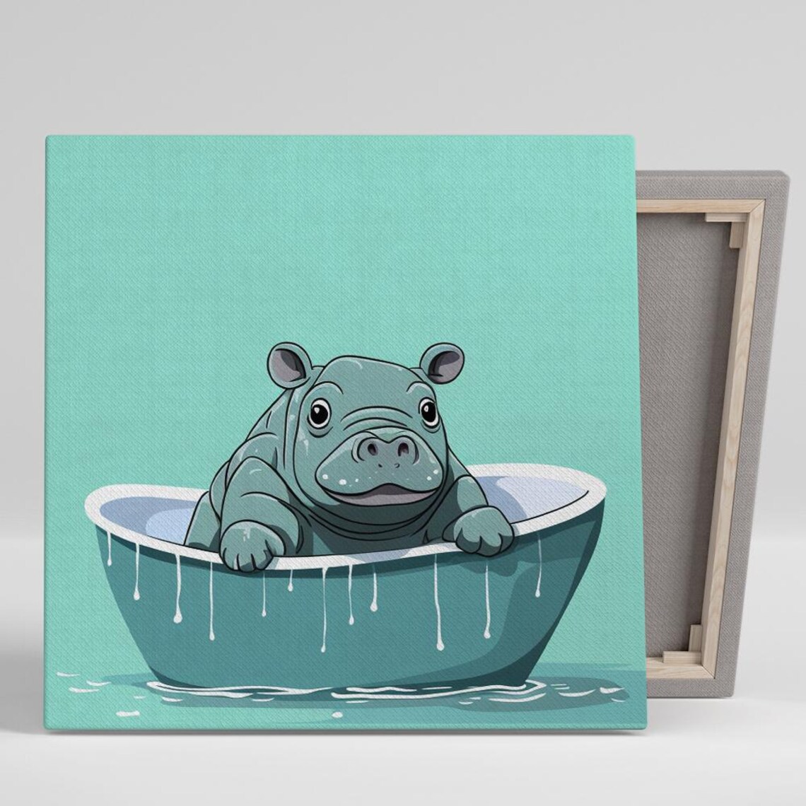 Baby Hippo Bathtub Soak Cute Teal Cartoon Nursery Animal Poster