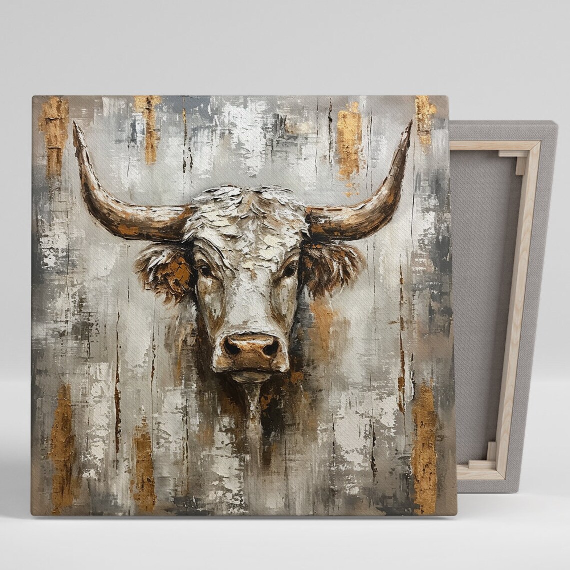 Longhorn Cow Portrait Abstract Grey Gold Brushstroke Farmhouse Poster
