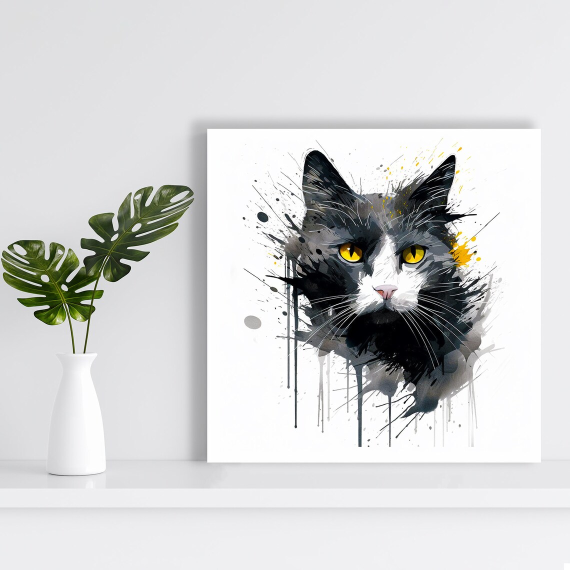 Intense Cat Yellow Eyes Black Grey Watercolor Splatter Dramatic Wall Art - Image 2