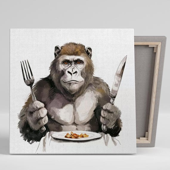 Gorilla Art Or Poster Whimsical Minimalist Decor Dining Room Kitchen Office Game Room Wall Art Brown White Black Orange Design