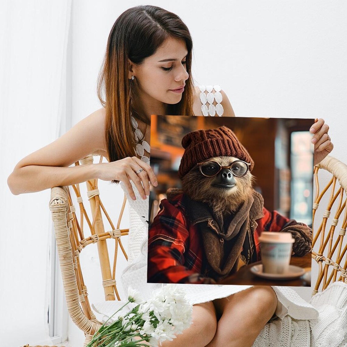 Hipster Sloth Coffee Shop Beanie Glasses Flannel Shirt Funny Animal Wall Art Poster - Image 3