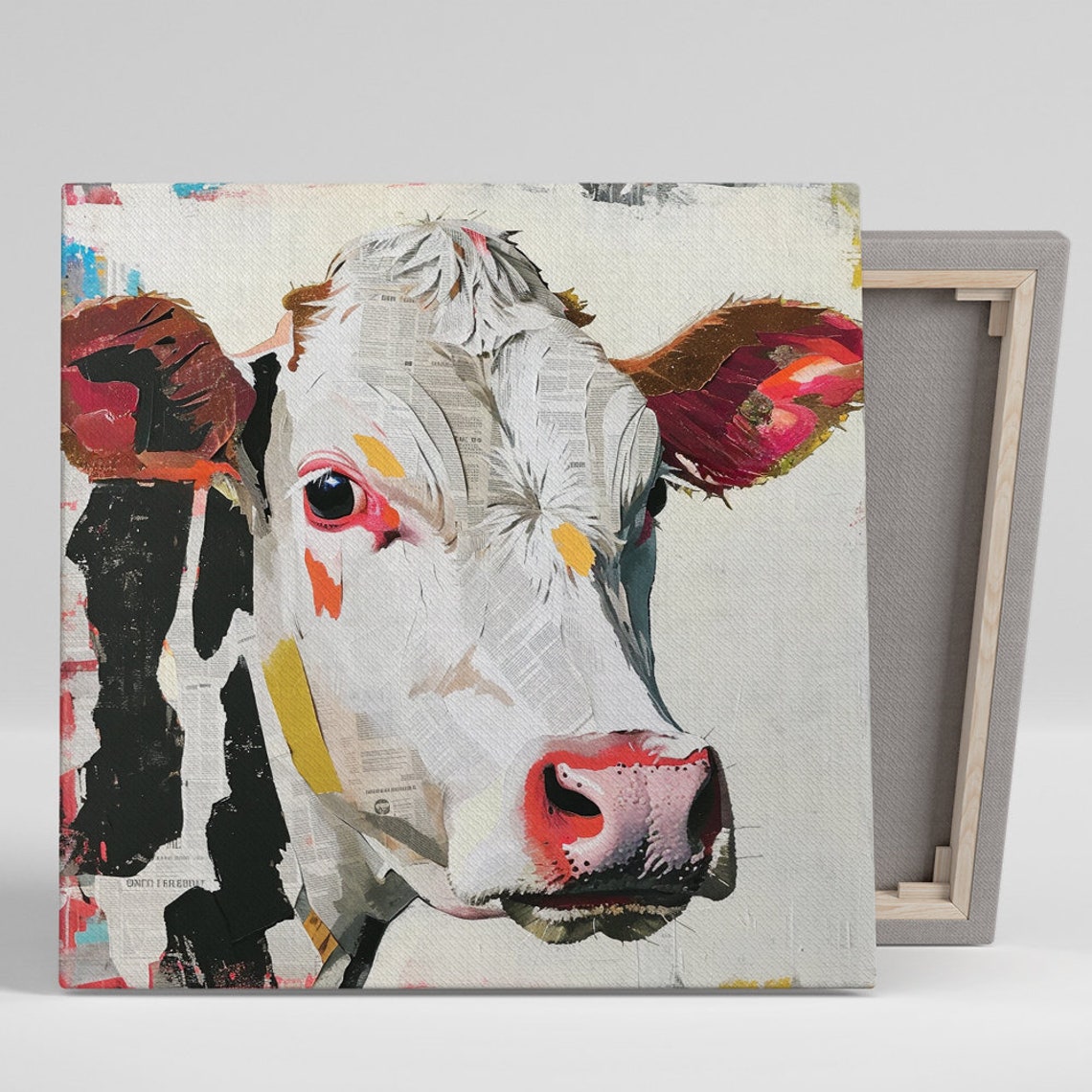 Cow Face Newspaper Collage Mixed Media Pop Art Portrait Poster