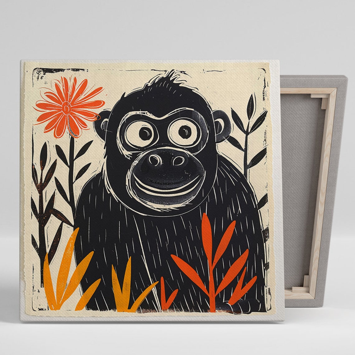 Whimsical Black Monkey With Orange Flowers Print Style Art Poster