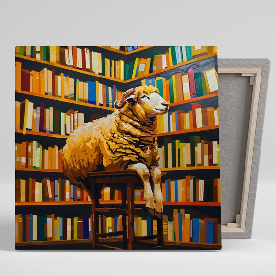 Curious Sheep Ram Sitting On Stool In Cozy Library Bookshelves Wall Poster