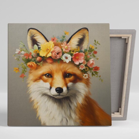 Fox Floral Crown Painterly Portrait Whimsical Woodland Boho Animal Wall Art Print