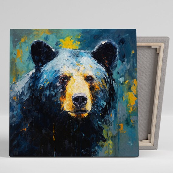 Bear Portrait Deep Blue Gold Impasto Rustic Cabin Wildlife Wall Art
