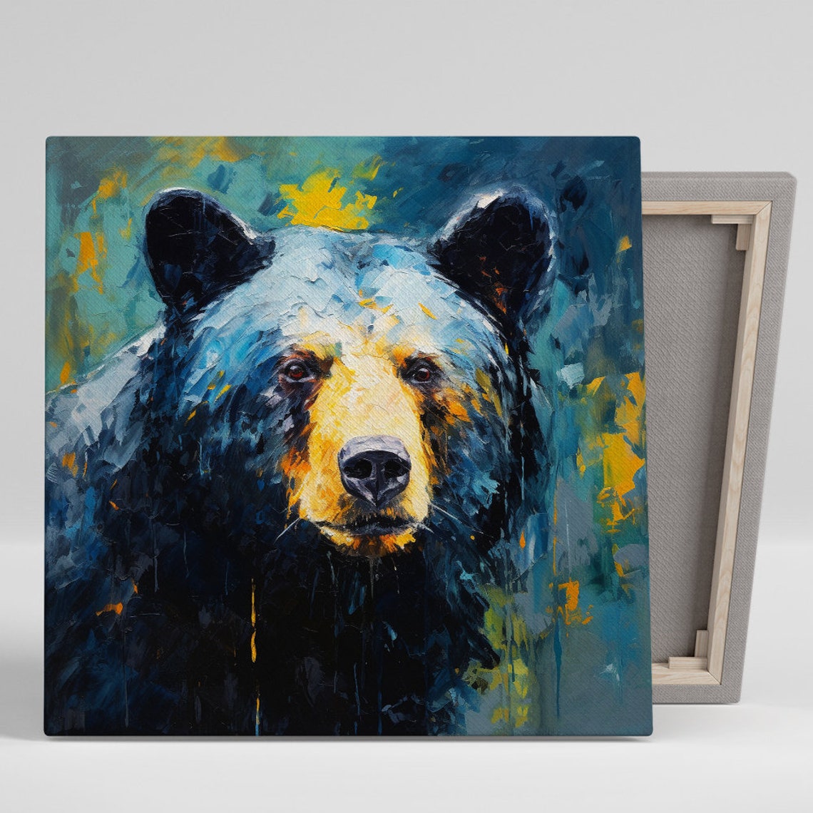 Bear Portrait Deep Blue Gold Impasto Rustic Cabin Wildlife Wall Art