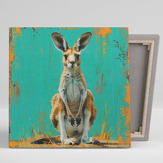 Kangaroo Portrait Turquoise Background Painterly Modern Wildlife Wall Art