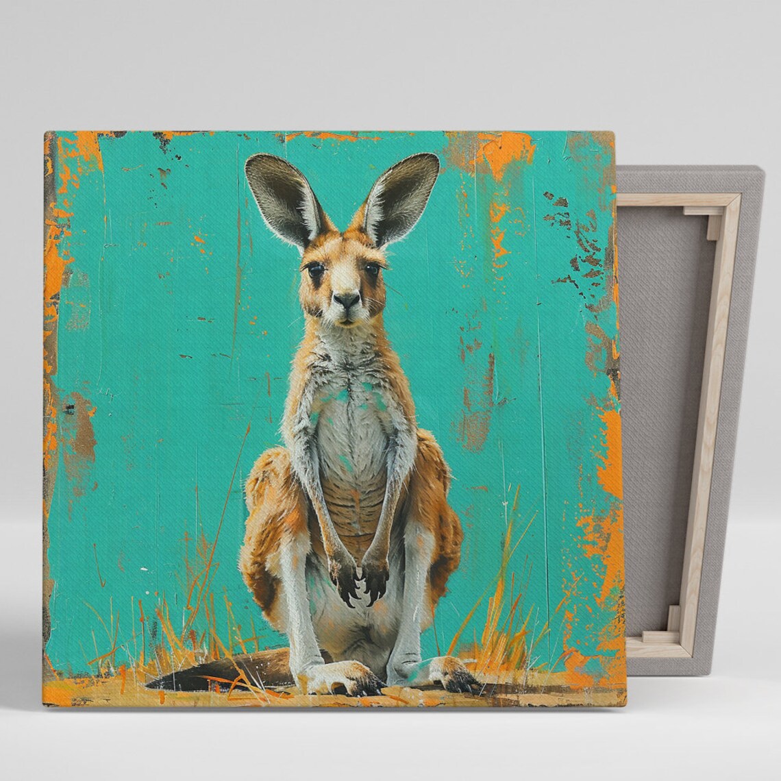 Kangaroo Portrait Turquoise Background Painterly Modern Wildlife Wall Art