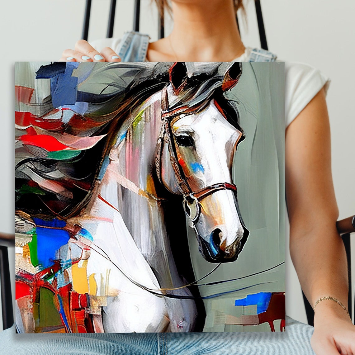 White Horse Head Colorful Abstract Brushstroke Equine Art Wall Poster - Image 2