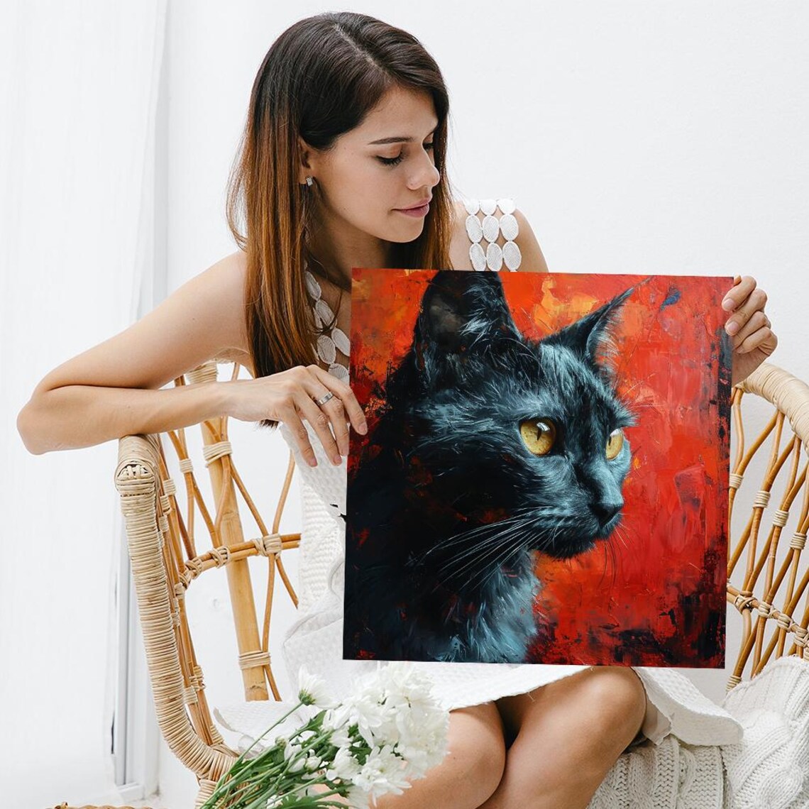Black Cat Portrait With Golden Eyes On Fiery Red Canvas Art Poster - Image 3