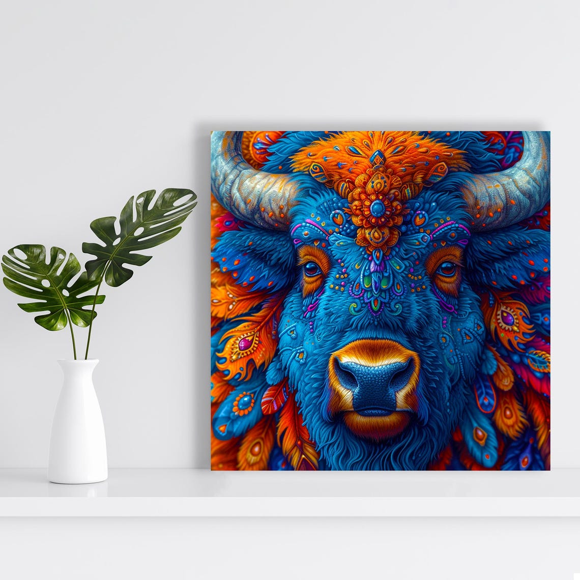 Cosmic Blue Bison Spirit Guide Ornamental Orange Mandala Animal Poster - Image 2