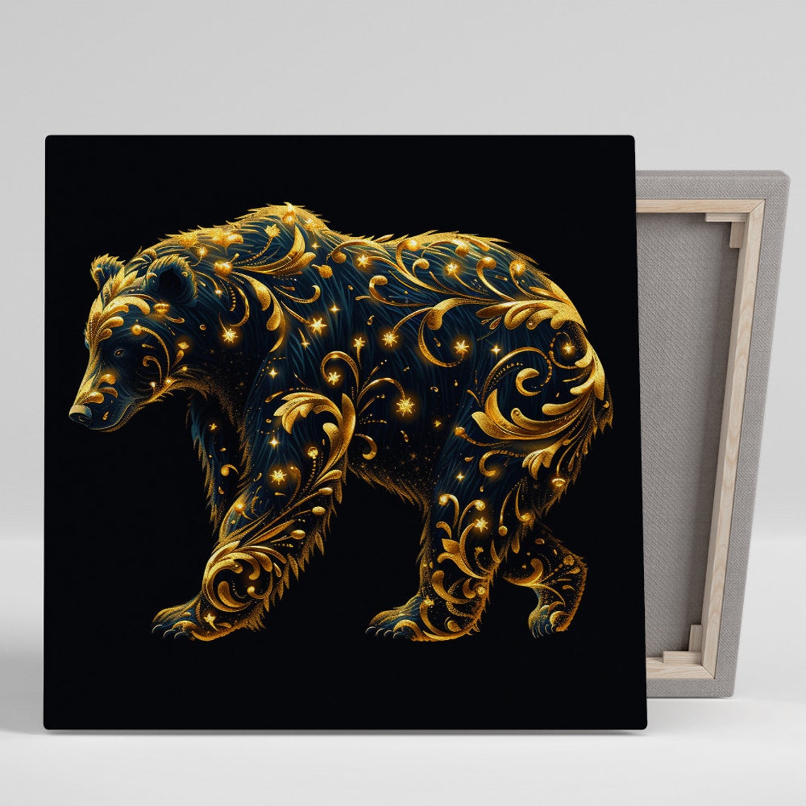 Celestial Gold Bear Poster Black Starry Night Mystic Animal Decor
