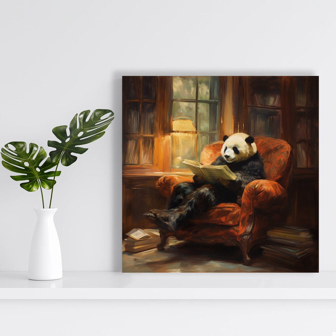 Panda Reading Book Cozy Library Armchair Classic Oil Painting Poster - Image 2