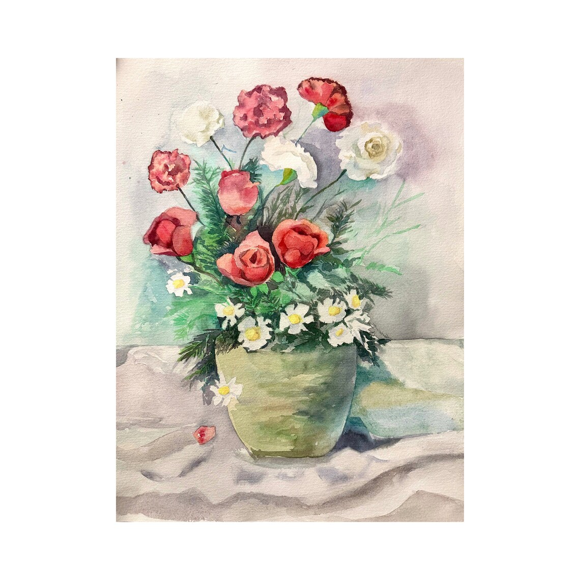Mixed Garden Bouquet in a Green Vase Watercolor Still Life Poster