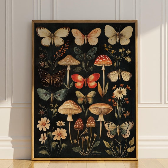Butterfly Wildflower Mushroom Wall Art Botanical Floral Dark Academia Artful Trendy Vintage Wall Decor Gift