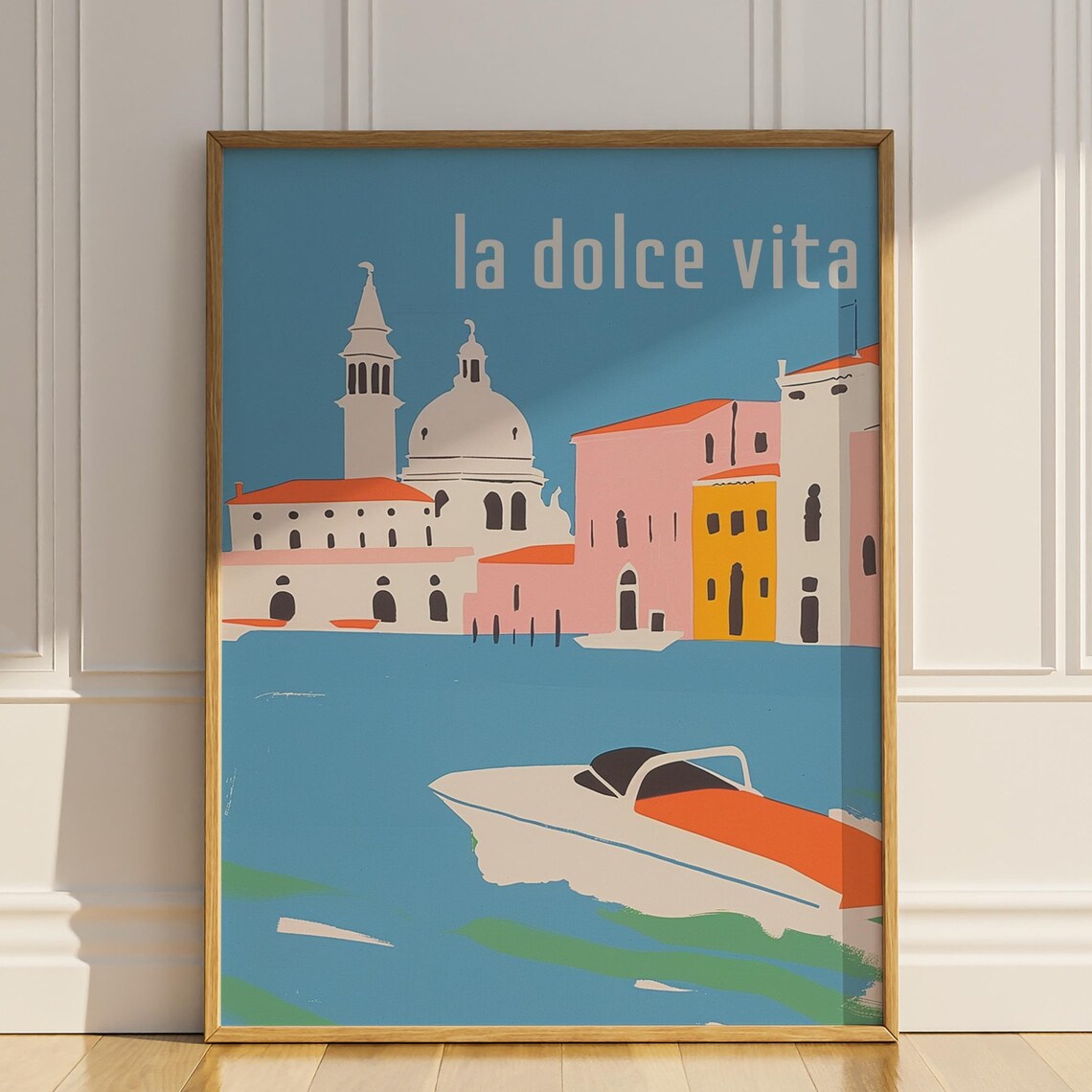 La Dolce Vita Venice Grand Canal Speedboat Retro Italian Travel Poster