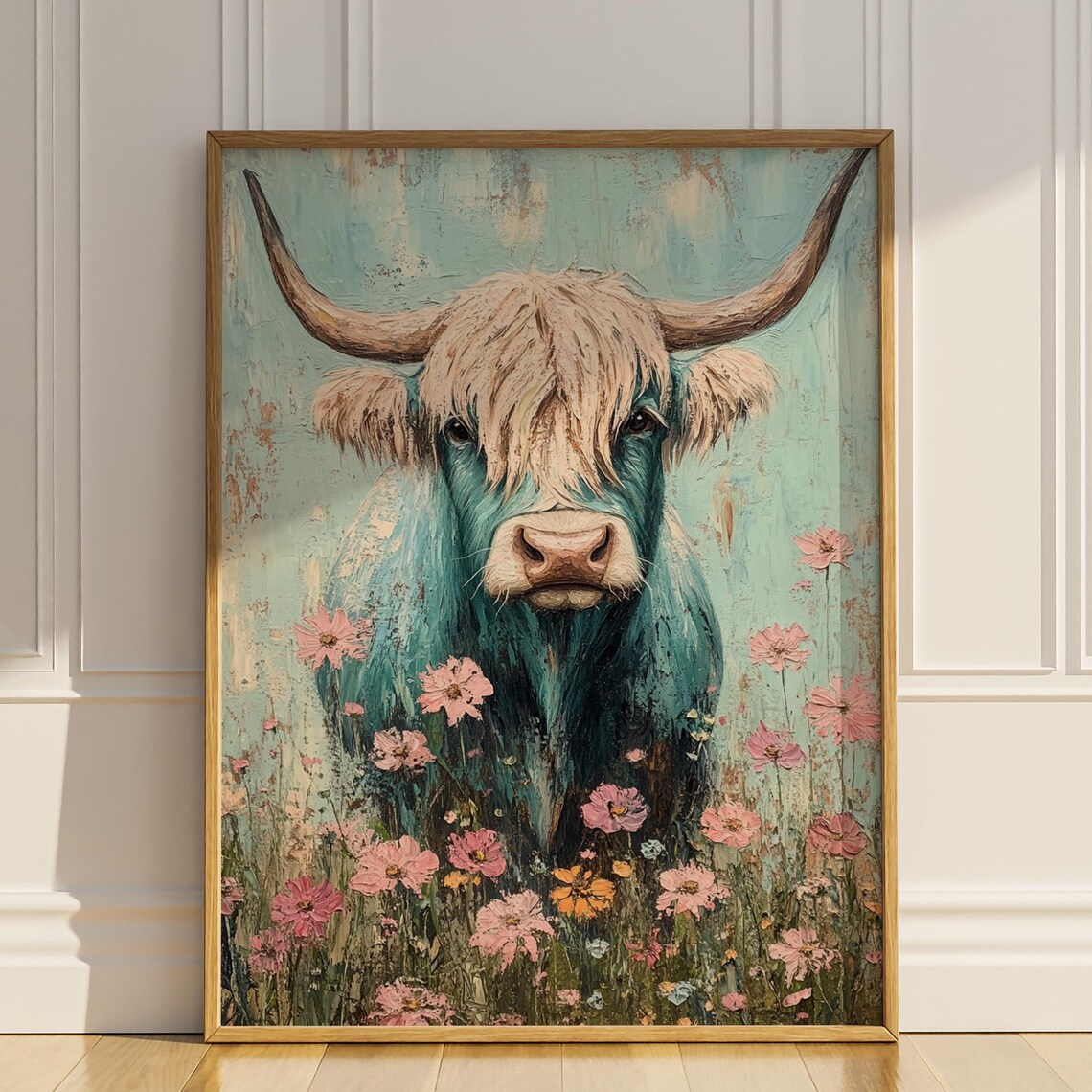 Highland Cow Wildflowers Boho Vintage Art Print
