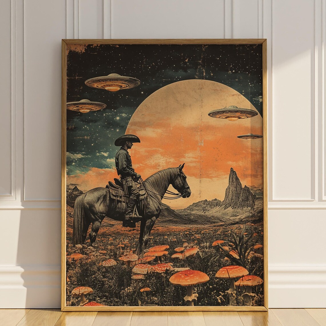 Cowboy Riding Horse Vintage Collage Art Print