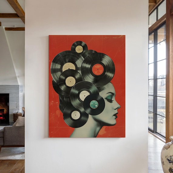 Vinyl Records Vintage Collage Print, 1950s Pop Art