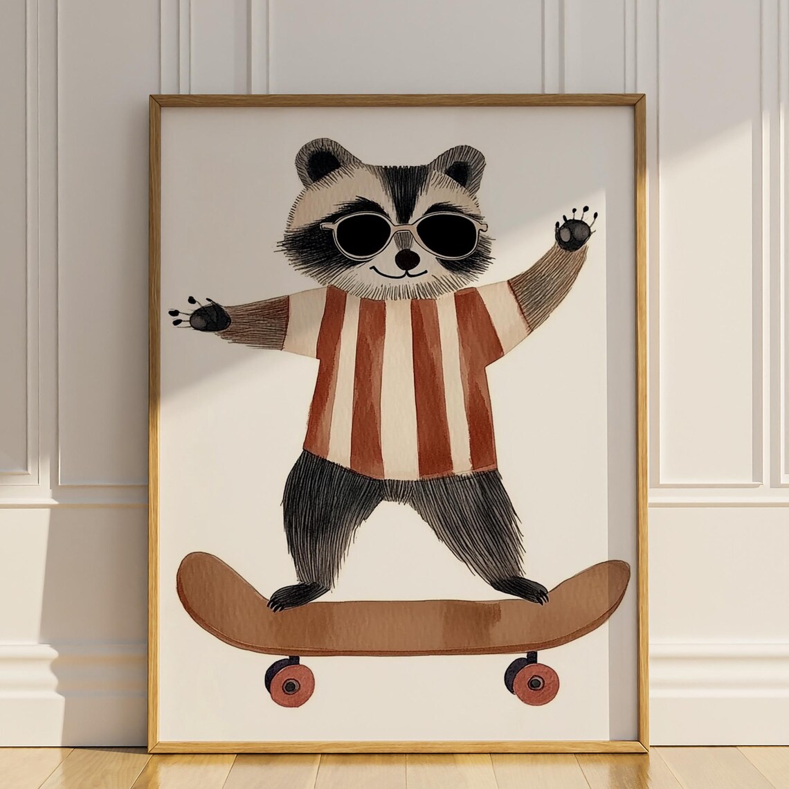 Raccoon Wearing Sunglasses Riding Skateboard Watercolor Kids Room Poster