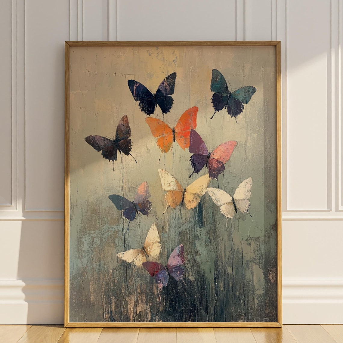 Colorful Abstract Butterflies Floating on Textured Canvas Poster