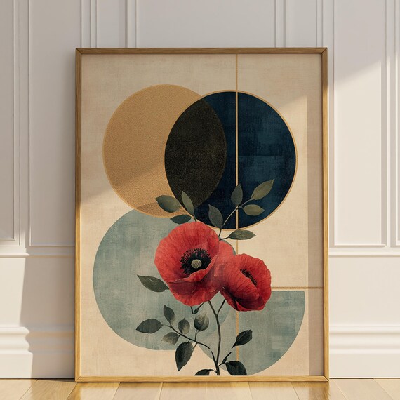 Poppy Flower Poster Print Modern Abstract Geometric Floral Poppies Wall Art Trendy Mid Century Wildflower Wall Decor Gift Matte Poster