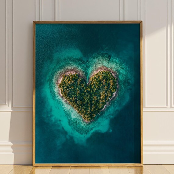 Heart Shaped Tropical Island Aerial View Turquoise Ocean Wall Art