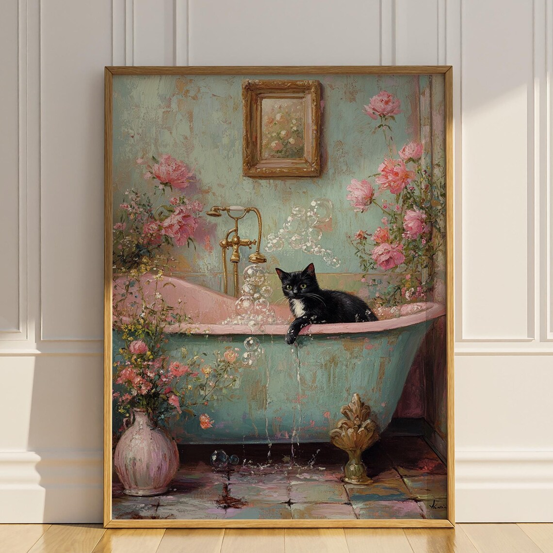 Cat in Bathtub, Funny Vintage Floral Art Print