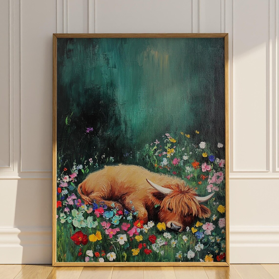 Highland Cow Sleeping In A Field Of Wildflowers Wall Art Oil Painting Floral Kids Bedroom Wall Decor Farmer Gift