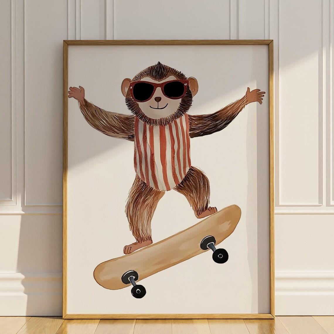 Monkey Wearing Sunglasses Riding Skateboard Watercolor Kids Room Poster